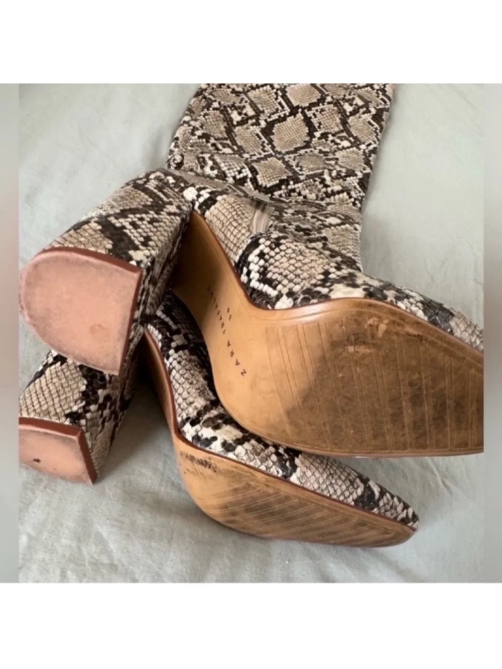 Zara Snake-Print Over-the-Knee Boots - Beige and Black